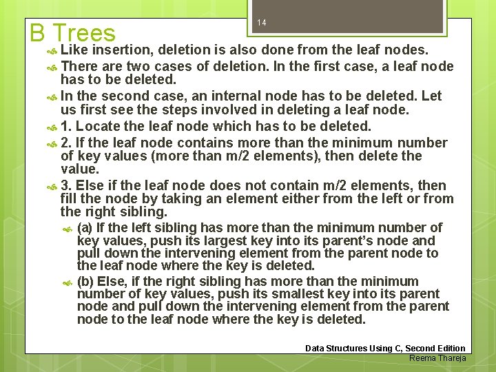 B Trees 14 Like insertion, deletion is also done from the leaf nodes. There