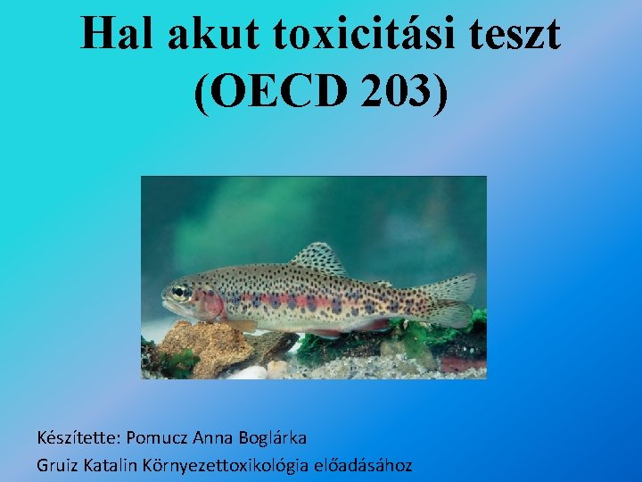 Hal akut toxicitási teszt (OECD 203) Készítette: Pomucz Anna Boglárka Gruiz Katalin Környezettoxikológia előadásához