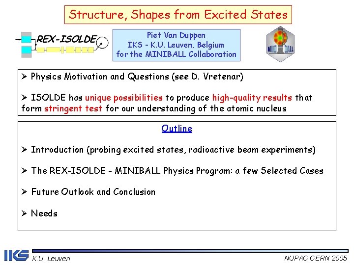 Structure, Shapes from Excited States Piet Van Duppen IKS - K. U. Leuven, Belgium