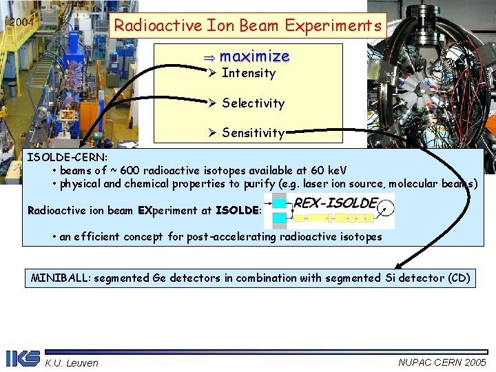 Radioactive Ion Beam Experiments maximize Ø Intensity Ø Selectivity Ø Sensitivity ISOLDE-CERN: • beams