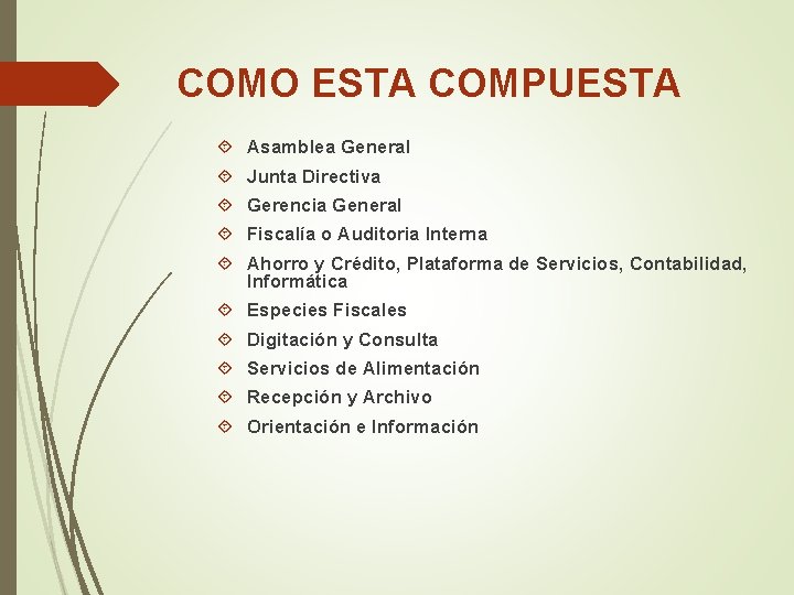 COMO ESTA COMPUESTA Asamblea General Junta Directiva Gerencia General Fiscalía o Auditoria Interna Ahorro