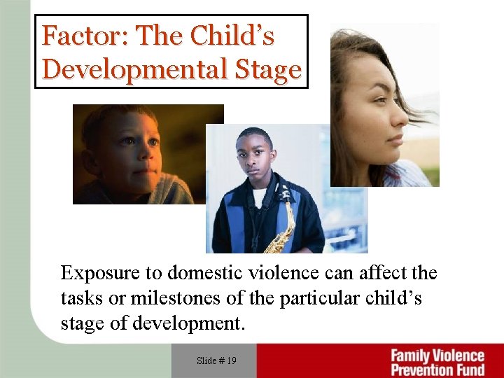 Factor: The Child’s Developmental Stage Exposure to domestic violence can affect the tasks or