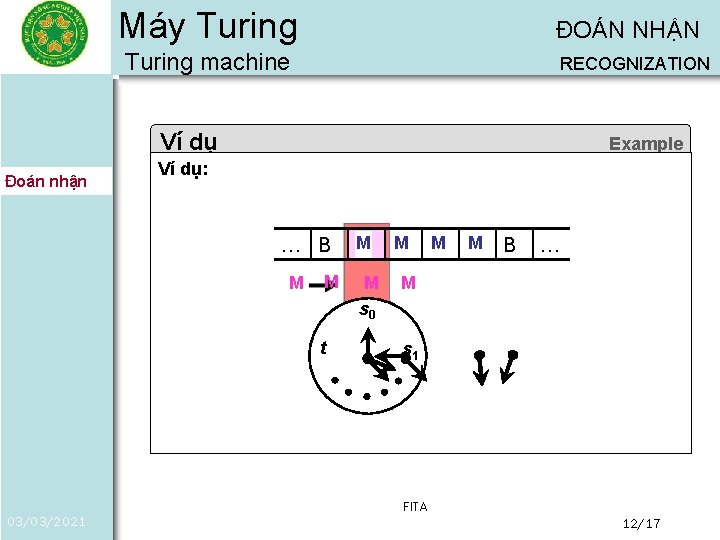 Máy Turing ĐOÁN NHẬN Turing machine RECOGNIZATION Ví dụ Đoán nhận Example Ví dụ:
