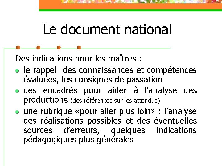 Le document national Des indications pour les maîtres : le rappel des connaissances et