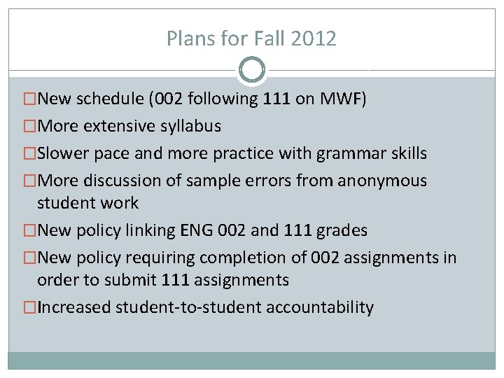 Plans for Fall 2012 �New schedule (002 following 111 on MWF) �More extensive syllabus