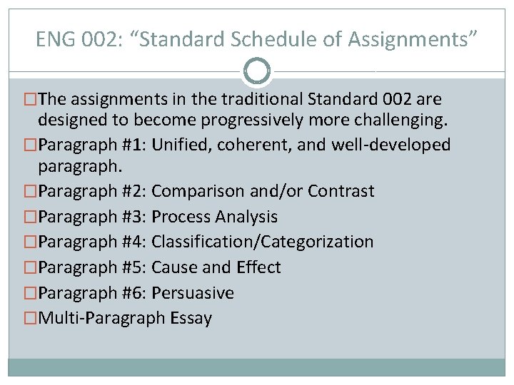 ENG 002: “Standard Schedule of Assignments” �The assignments in the traditional Standard 002 are