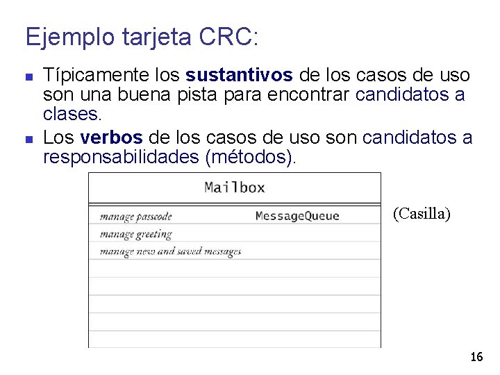 Ejemplo tarjeta CRC: Típicamente los sustantivos de los casos de uso son una buena