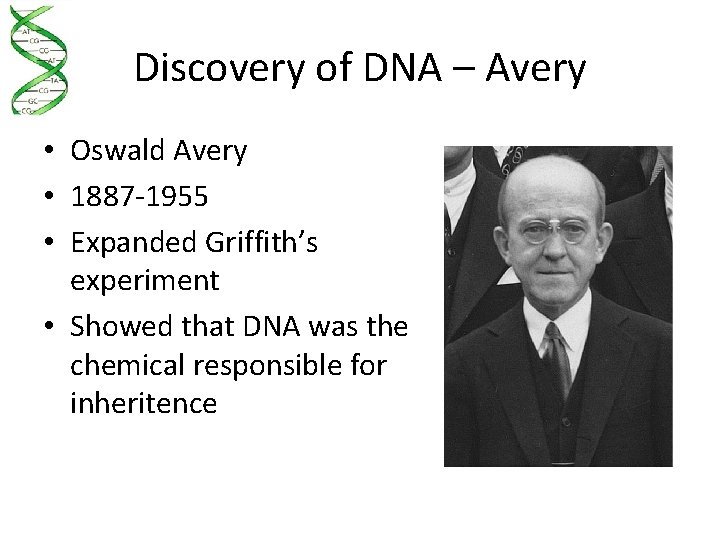 Discovery of DNA – Avery • Oswald Avery • 1887 -1955 • Expanded Griffith’s