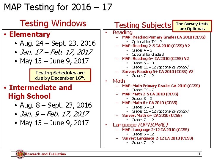 MAP Testing for 2016 – 17 Testing Windows • Elementary • Aug. 24 –