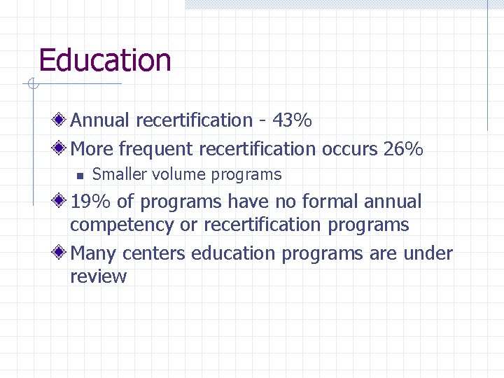 Education Annual recertification - 43% More frequent recertification occurs 26% n Smaller volume programs