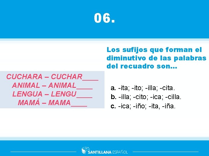 06. Los sufijos que forman el diminutivo de las palabras del recuadro son. .