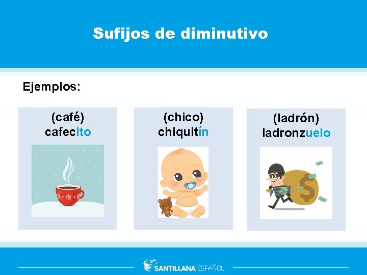 Sufijos de diminutivo Ejemplos: (café) cafecito (chico) chiquitín (ladrón) ladronzuelo 