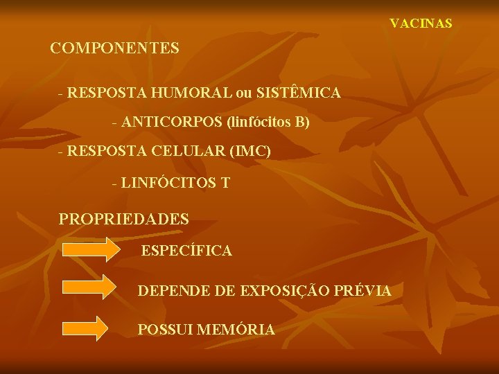 VACINAS COMPONENTES - RESPOSTA HUMORAL ou SISTÊMICA - ANTICORPOS (linfócitos B) - RESPOSTA CELULAR