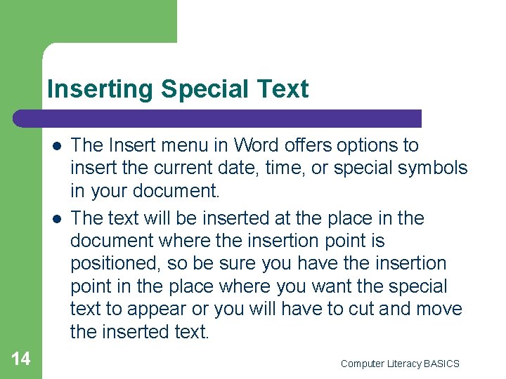 Inserting Special Text l l 14 The Insert menu in Word offers options to