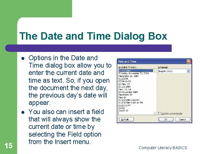 The Date and Time Dialog Box l l 15 Options in the Date and