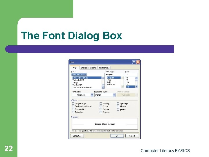 The Font Dialog Box 22 Computer Literacy BASICS 