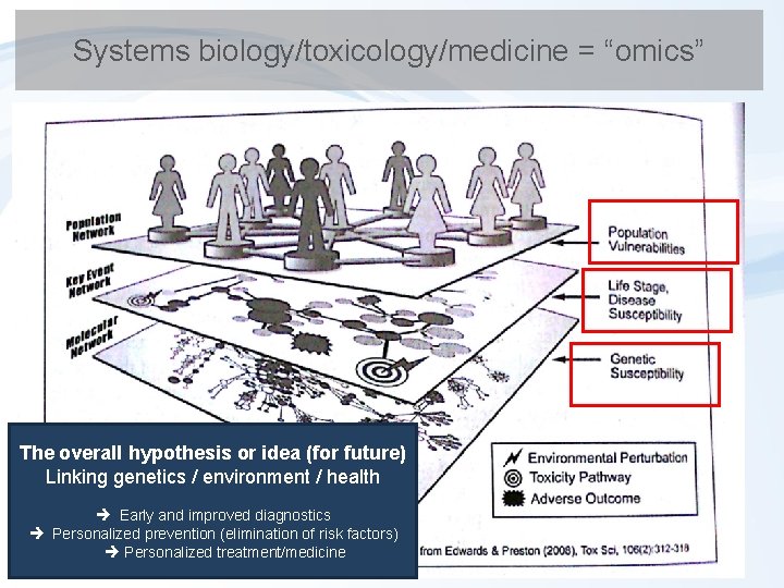 Systems biology/toxicology/medicine = “omics” The overall hypothesis or idea (for future) Linking genetics /