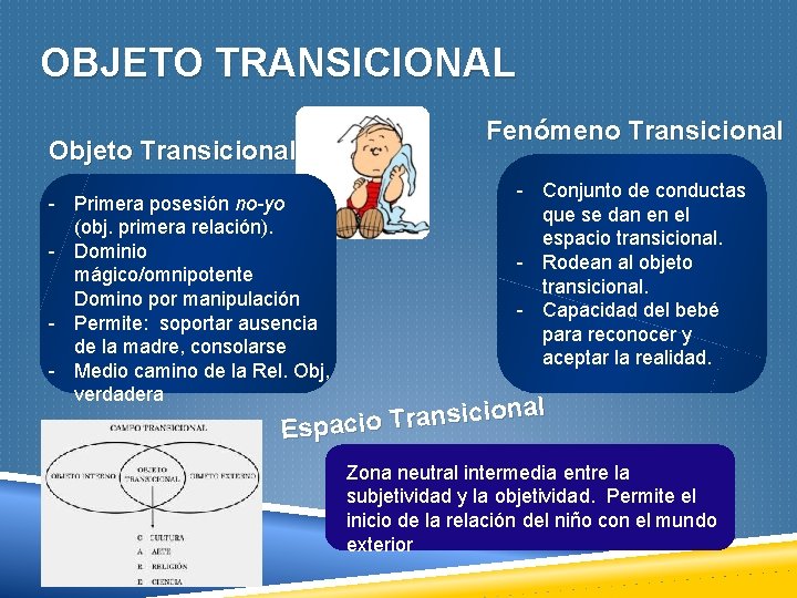 OBJETO TRANSICIONAL Objeto Transicional - Primera posesión no-yo (obj. primera relación). - Dominio mágico/omnipotente