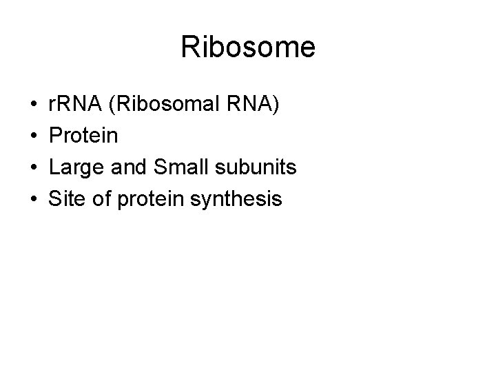 Ribosome • • r. RNA (Ribosomal RNA) Protein Large and Small subunits Site of