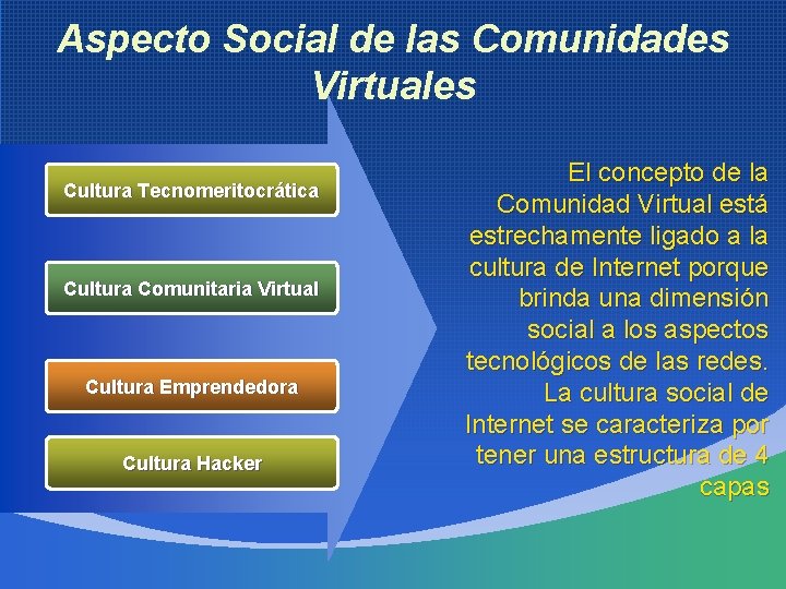 Aspecto Social de las Comunidades Virtuales Cultura Tecnomeritocrática Cultura Comunitaria Virtual Cultura Emprendedora Cultura