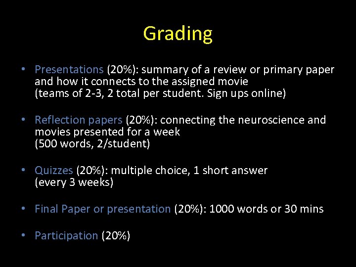 Grading • Presentations (20%): summary of a review or primary paper and how it