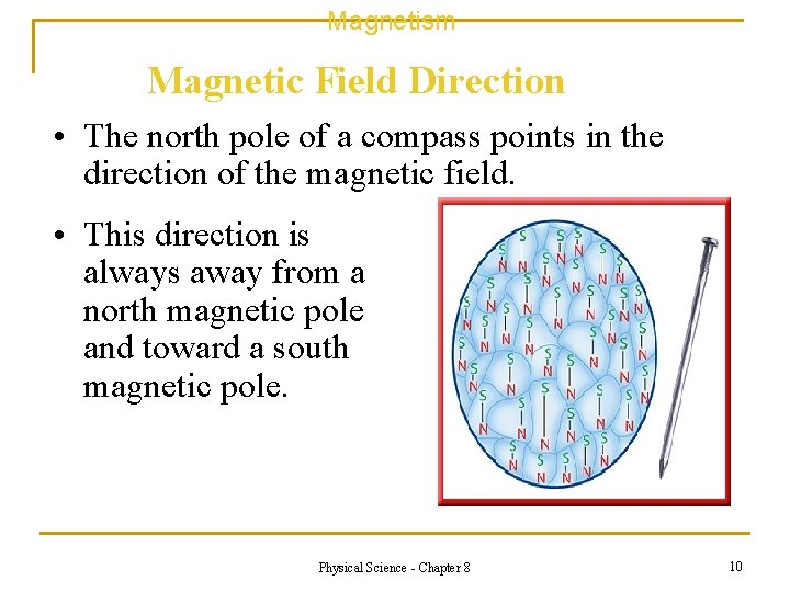 Magnetism Magnetic Field Direction • The north pole of a compass points in the