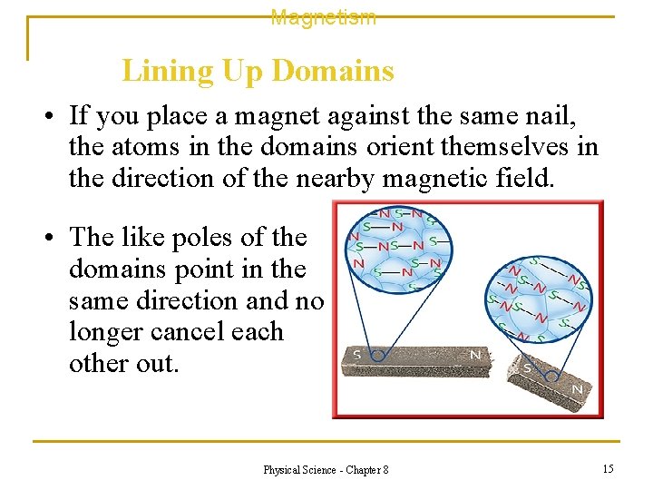 Magnetism Lining Up Domains • If you place a magnet against the same nail,