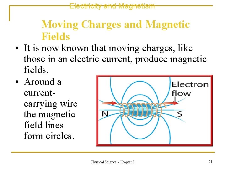 Electricity and Magnetism Moving Charges and Magnetic Fields • It is now known that