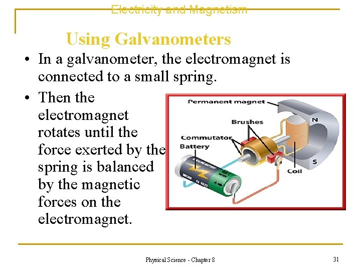 Electricity and Magnetism Using Galvanometers • In a galvanometer, the electromagnet is connected to