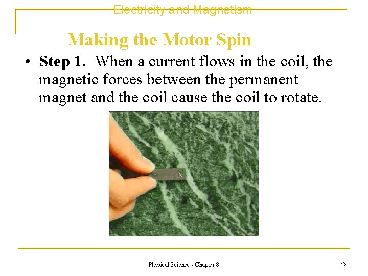 Electricity and Magnetism Making the Motor Spin • Step 1. When a current flows