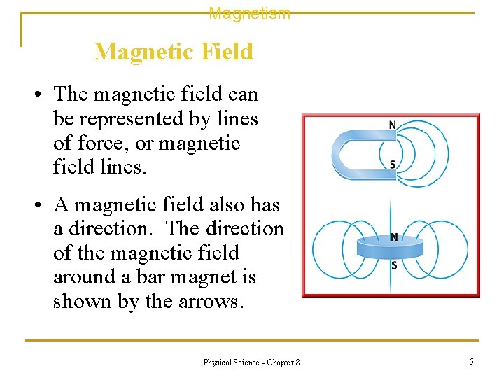 Magnetism Magnetic Field • The magnetic field can be represented by lines of force,
