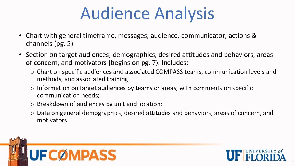 Audience Analysis • Chart with general timeframe, messages, audience, communicator, actions & channels (pg.