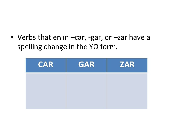  • Verbs that en in –car, -gar, or –zar have a spelling change