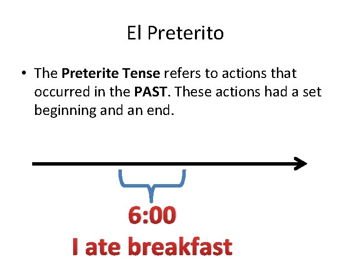 El Preterito • The Preterite Tense refers to actions that occurred in the PAST.