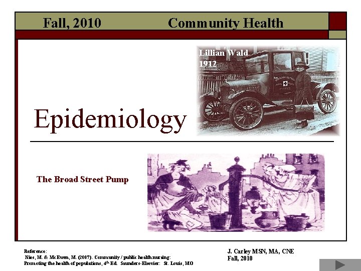 Fall, 2010 Community Health Lillian Wald 1912 Epidemiology The Broad Street Pump Reference: Nies,