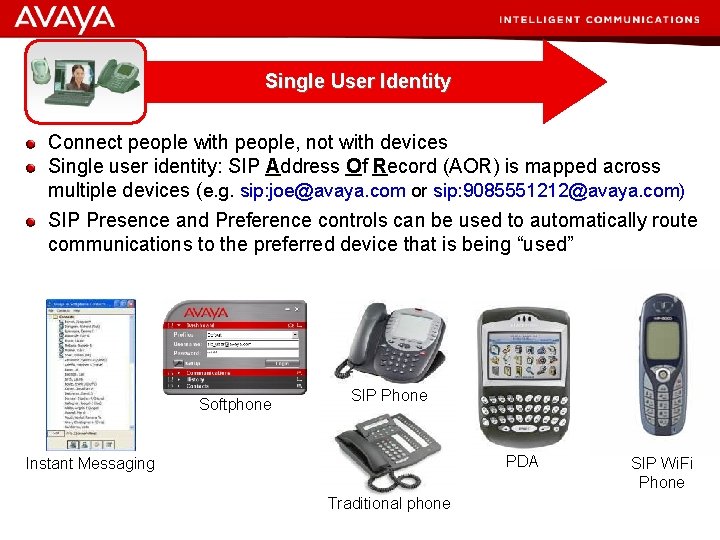 Single User Identity Connect people with people, not with devices Single user identity: SIP