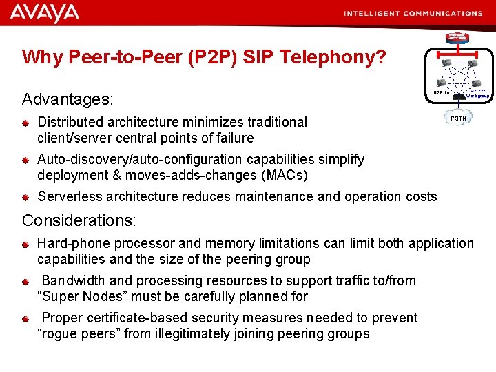 Why Peer-to-Peer (P 2 P) SIP Telephony? Advantages: B 2 BUA Distributed architecture minimizes