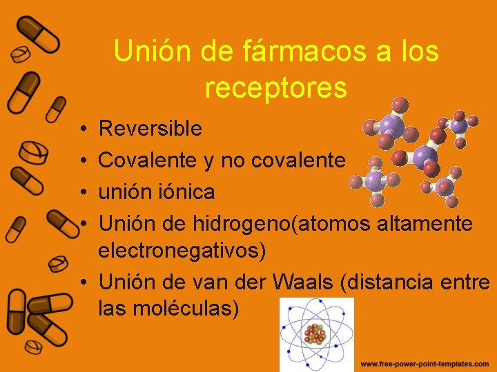 Unión de fármacos a los receptores • • Reversible Covalente y no covalente unión