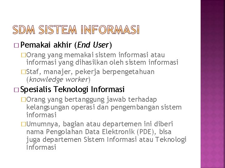 � Pemakai akhir (End User) �Orang yang memakai sistem informasi atau informasi yang dihasilkan