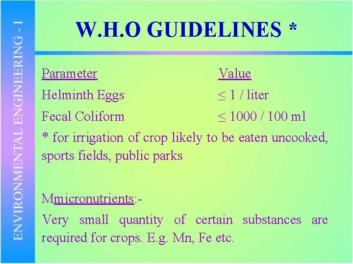 W. H. O GUIDELINES * Parameter Value Helminth Eggs ≤ 1 / liter Fecal