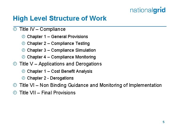 High Level Structure of Work ¾ Title IV – Compliance ¾ Chapter 1 –