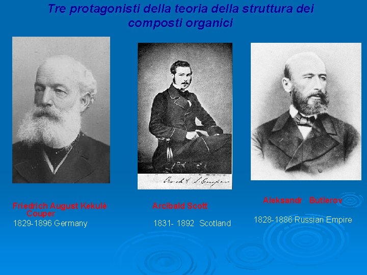 Tre protagonisti della teoria della struttura dei composti organici Friedrich August Kekulè Couper 1829 Tre protagonisti della teoria della struttura dei composti organici Friedrich August Kekulè Couper 1829