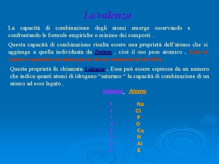 La valenza La capacità di combinazione degli atomi emerge osservando e confrontando le formule La valenza La capacità di combinazione degli atomi emerge osservando e confrontando le formule