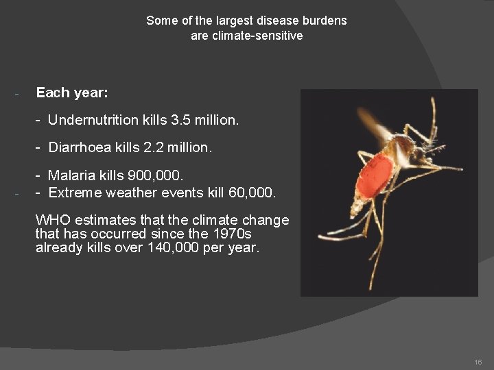 Some of the largest disease burdens are climate-sensitive - Each year: - Undernutrition kills