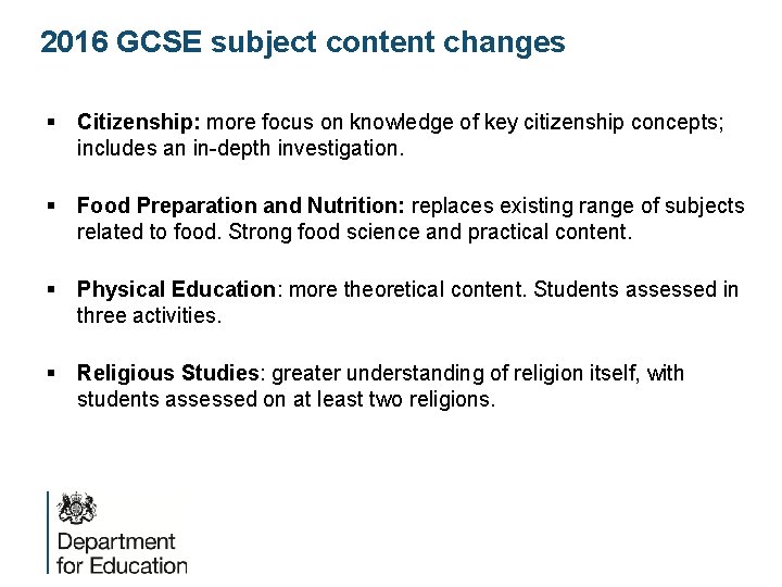 2016 GCSE subject content changes § Citizenship: more focus on knowledge of key citizenship