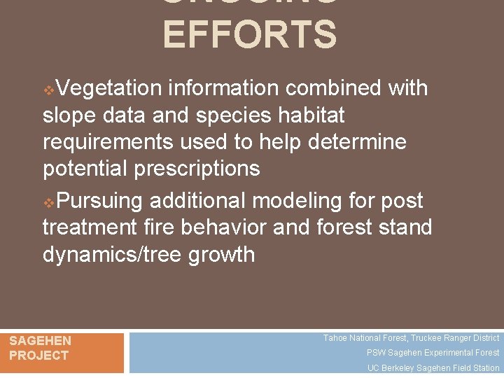 ONGOING EFFORTS Vegetation information combined with slope data and species habitat requirements used to