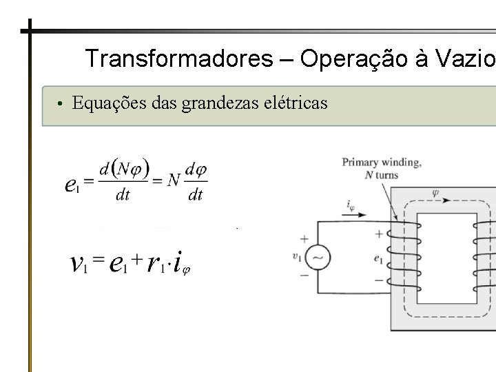 Transformadores – Operação à Vazio • Equações das grandezas elétricas 