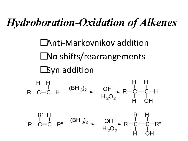 Hydroboration-Oxidation of Alkenes �Anti-Markovnikov addition �No shifts/rearrangements �Syn addition 