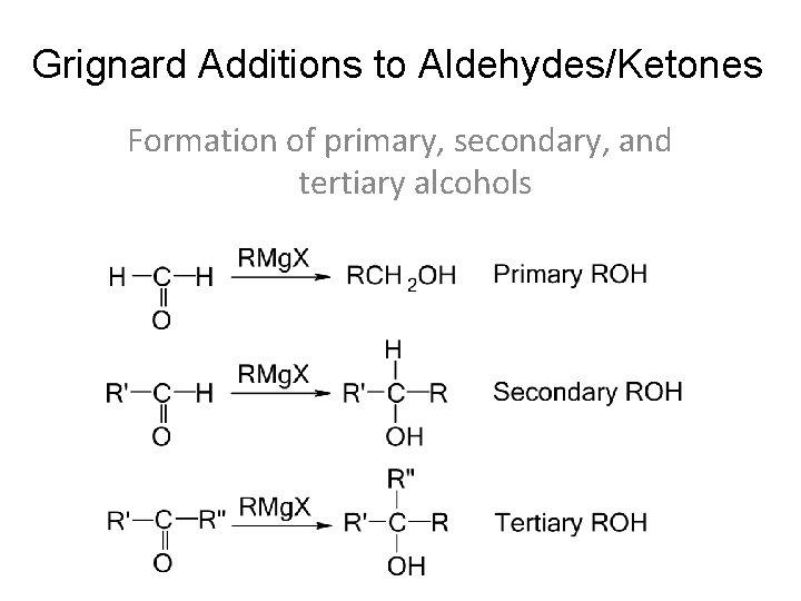 Grignard Additions to Aldehydes/Ketones Formation of primary, secondary, and tertiary alcohols 