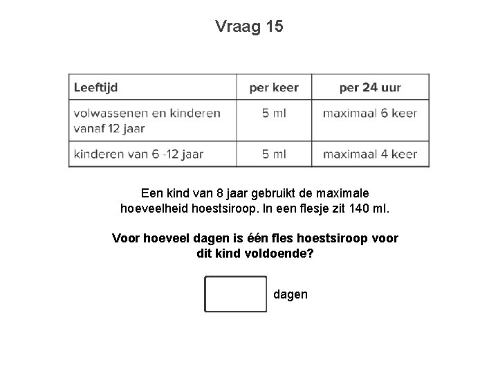 Vraag 15 Een kind van 8 jaar gebruikt de maximale hoeveelheid hoestsiroop. In een